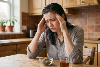 Femme se massant les tempes après une coloration végétale, assise dans une cuisine naturelle avec des herbes et une tisane sur la table
