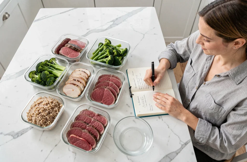 Préparation de repas équilibrés avec viandes rouges maigres, légumes et céréales pour un régime pauvre en graisses