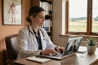 Médecin généraliste rurale en consultation de téléexpertise avec un spécialiste via ordinateur portable dans son cabinet de campagne