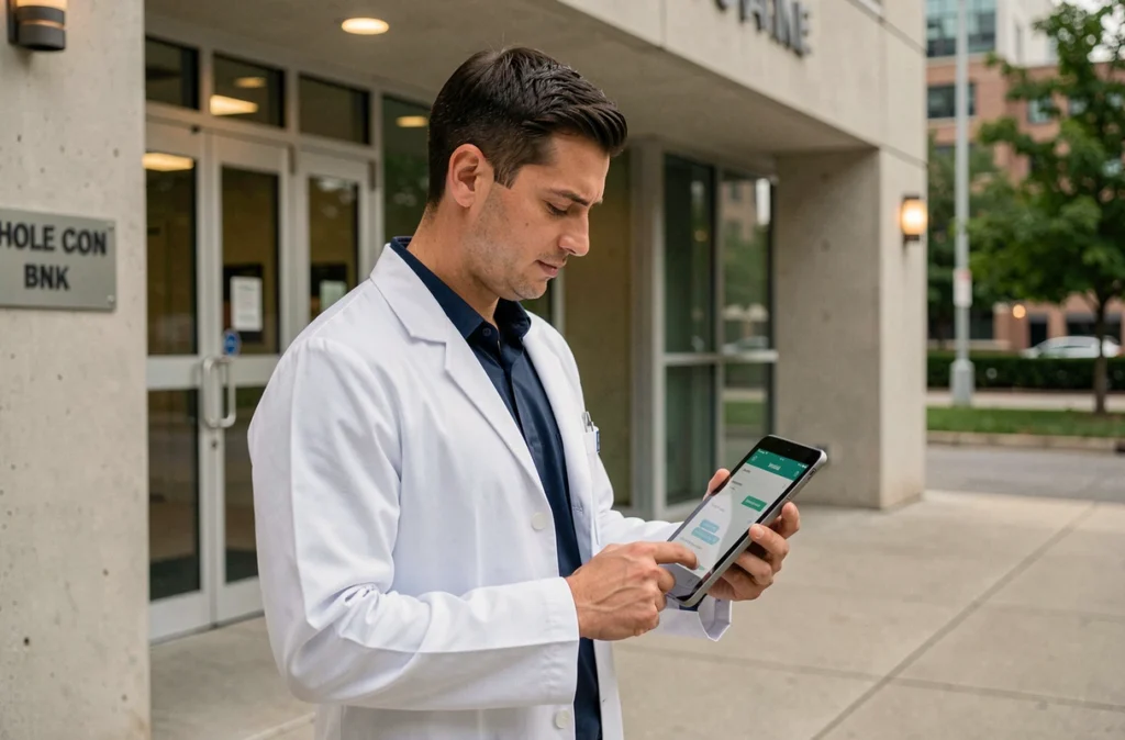 Médecin de CHU consultant sa messagerie sécurisée sur tablette à l'extérieur de l'hôpital en mobilité