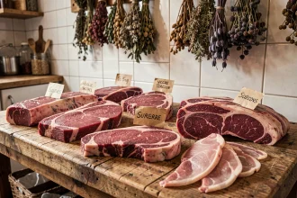 Sélection de morceaux de viande rouge maigre crus sur un billot de boucher en bois, filet de bœuf, rumsteck et escalope de veau pour mincir