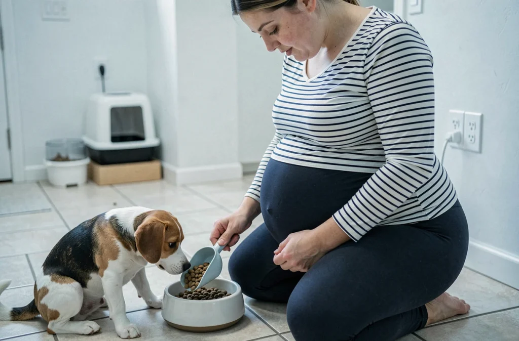 Femme enceinte donnant à manger à son chien avec précaution, gestes sécuritaires recommandés avec les animaux domestiques pendant la grossesse