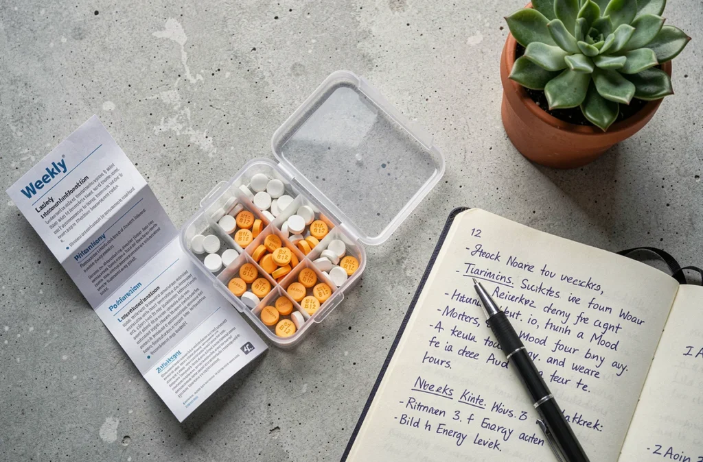 Organisateur de médicaments avec comprimés de vitamine B12, journal de suivi et notice, vue de dessus pour illustrer la durée d'une cure
