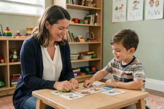 Orthophoniste travaillant avec un jeune enfant sur des cartes illustrées lors d'une séance de rééducation du langage