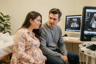 Couple attendant les résultats d'une échographie lors d'une consultation prénatale, partenaire impliqué dans le suivi de grossesse