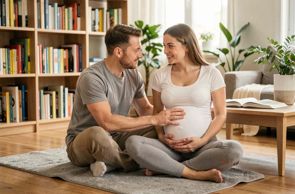 Partenaire posant la main sur le ventre de sa compagne enceinte à la maison, moment de complicité durant la grossesse