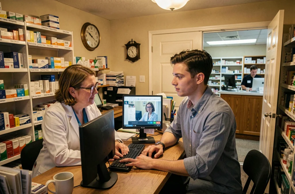 Pharmacienne et médecin ruraux collaborant lors d'une séance de téléexpertise sur ordinateur dans une officine de campagne