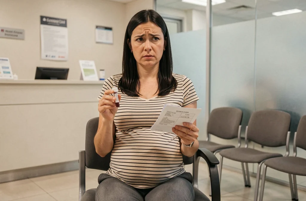 Femme enceinte tenant un tube de prise de sang dans un laboratoire d'analyses médicales pour les examens biologiques prénataux