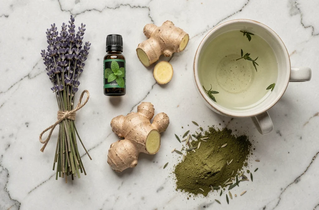 Remèdes naturels contre les maux de tête après coloration végétale : huile essentielle de menthe, lavande séchée, gingembre et infusion disposés sur marbre