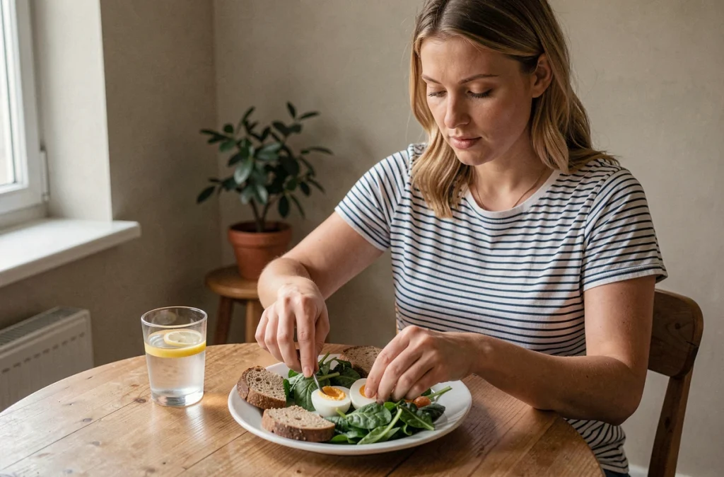 Femme enceinte préparant une assiette équilibrée avec des œufs, légumes verts et pain complet, représentant les recommandations alimentaires du premier trimestre de grossesse