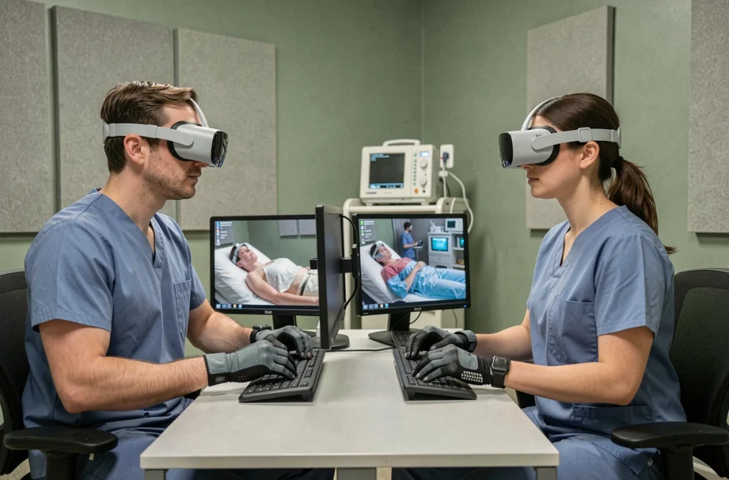 Deux résidents en médecine utilisant des gants haptiques et des casques de réalité mixte dans une salle de simulation médicale dédiée à la formation clinique