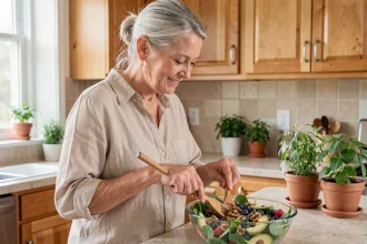 Femme senior préparant une salade équilibrée riche en oméga-3 et antioxydants dans une cuisine familiale