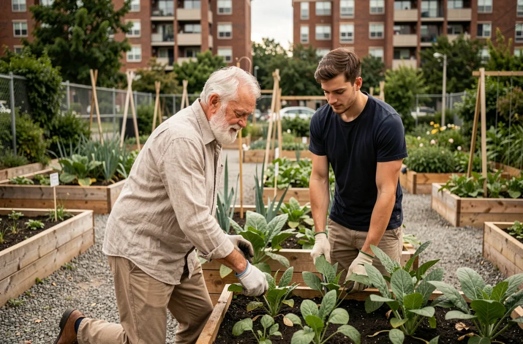 Homme âgé et jeune bénévole jardinant ensemble dans un jardin communautaire urbain