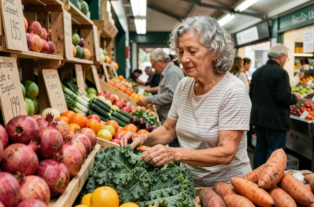 Femme âgée choisissant des fruits et légumes frais au marché pour une alimentation bénéfique à la mémoire