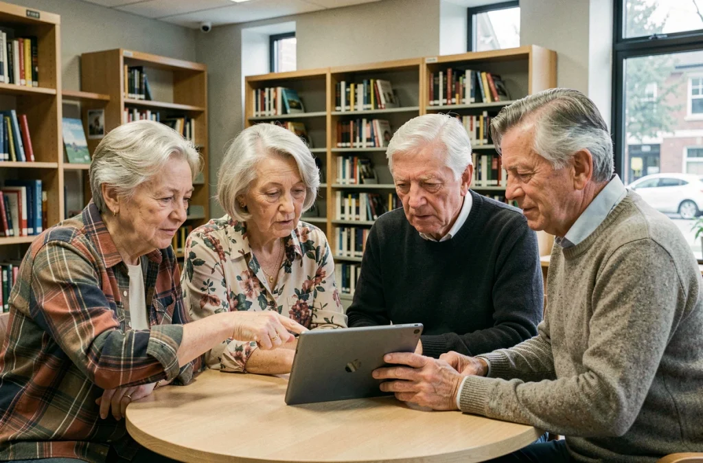 Groupe de seniors apprenant à utiliser une tablette numérique dans une bibliothèque publique moderne