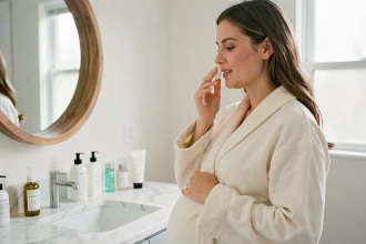 Femme enceinte appliquant une crème hydratante sur son visage devant un miroir de salle de bain