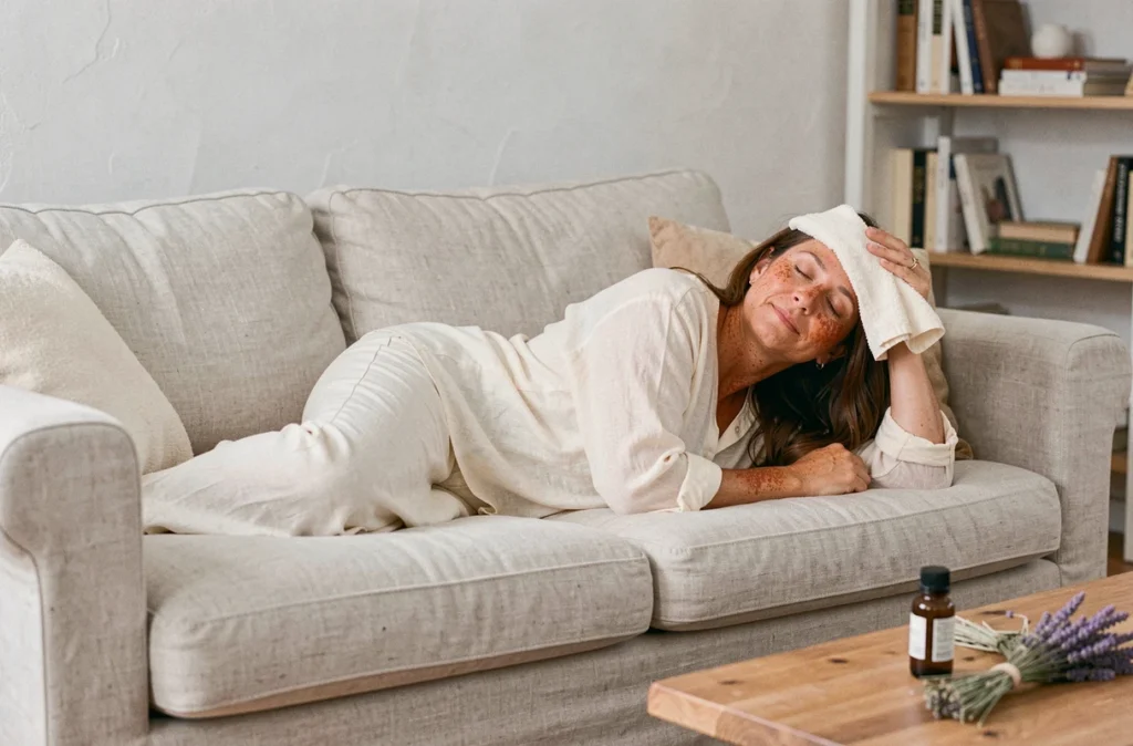 Femme allongée sur un canapé avec un linge humide sur le front pour soulager un mal de tête après coloration naturelle aux plantes