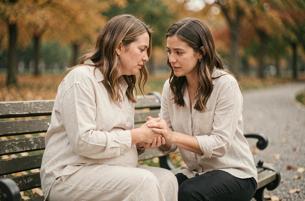 Deux femmes assises sur un banc de parc en automne, l'une enceinte de huit mois tenant la main de son amie, illustrant le soutien émotionnel durant la grossesse