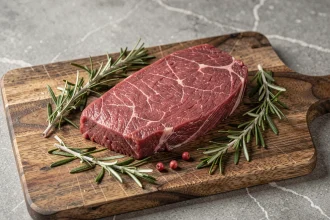 Filet de bœuf maigre sur planche en bois avec romarin frais, idéal pour un régime pauvre en graisses
