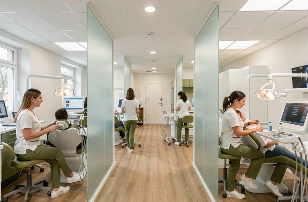 Équipe pluridisciplinaire de L'Adresse Dentaire à Aix-en-Provence travaillant dans un cabinet dentaire moderne et spacieux