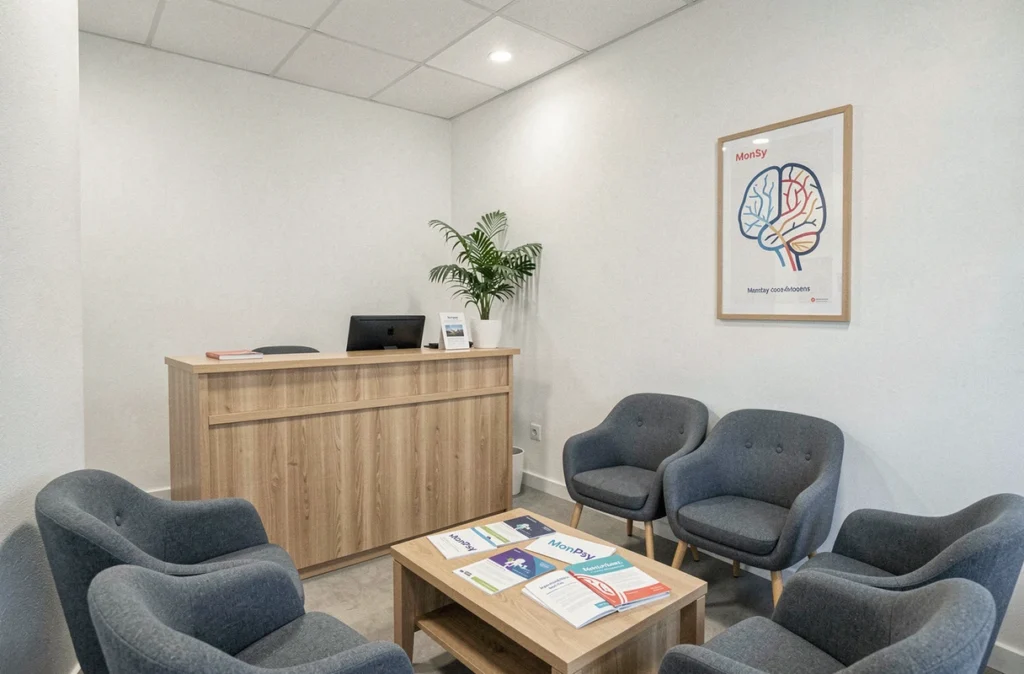 Cabinet Psy Lille avec espace d'attente épuré et documentation MonPsy disposée sur une table basse