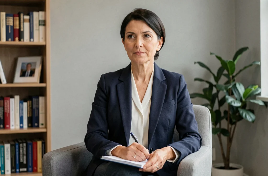 Psychologue Valérie Chemoul dans son cabinet à Lille, assise avec un carnet, expression professionnelle et bienveillante