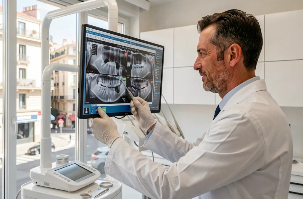 Dentiste du Cabinet Valdent à Marseille examinant des radiographies dentaires dans un cabinet moderne spécialisé en dentisterie esthétique