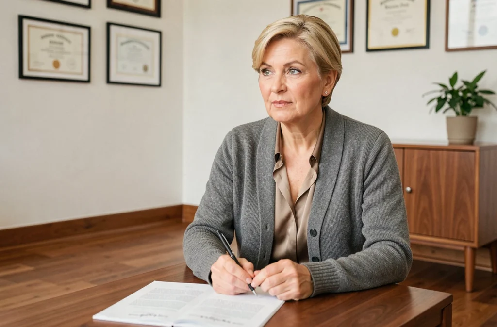 Catherine Anton, psychologue clinicienne et praticienne EMDR à Lille, dans son cabinet avec une expression attentive et professionnelle