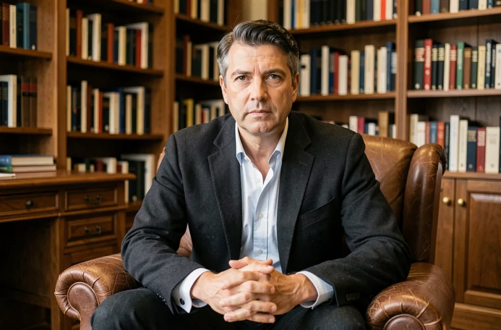 Charles Crouzat, psychologue et psychanalyste à Lille, assis dans un fauteuil en cuir entouré de livres dans son cabinet