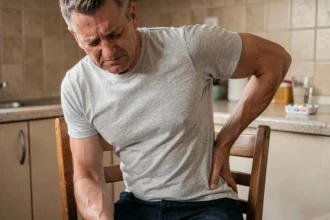 Homme adulte assis tenant son bas du dos côté droit avec une expression de douleur soudaine