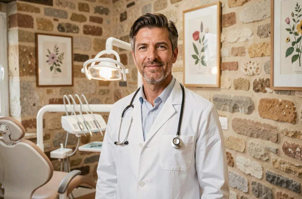 Dr Gauthier Bereni, chirurgien-dentiste à Aix-en-Provence, devant son cabinet au décor provençal contemporain