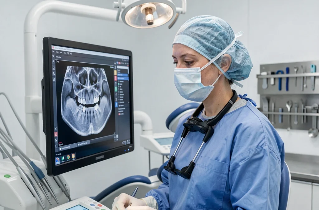 Dr Lucile Vervoort, chirurgienne-dentiste à Aix-en-Provence, analysant un scanner dentaire dans sa salle opératoire