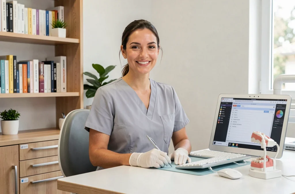 Dr Marie Verhaeghe à son bureau dans son cabinet dentaire moderne à Aix-en-Provence avec modèle dentaire 3D