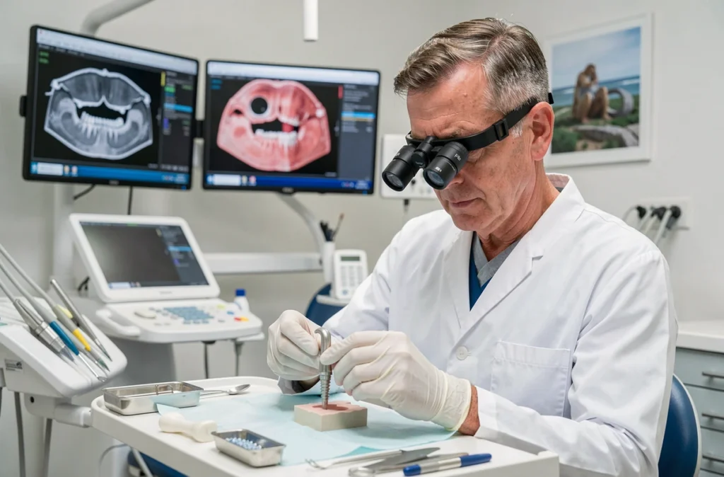 Dr Valery Grard manipulant un implant dentaire en titane dans sa clinique spécialisée en implantologie dans les Bouches-du-Rhône