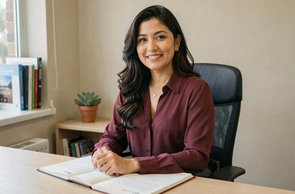 Eunice Alejandra Calderon De Leon, psychologue à Lille, assise à son bureau avec un sourire professionnel bienveillant