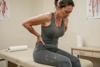 Femme assise sur une table de kinésithérapie tenant son bas du dos, illustrant la douleur sacro-iliaque