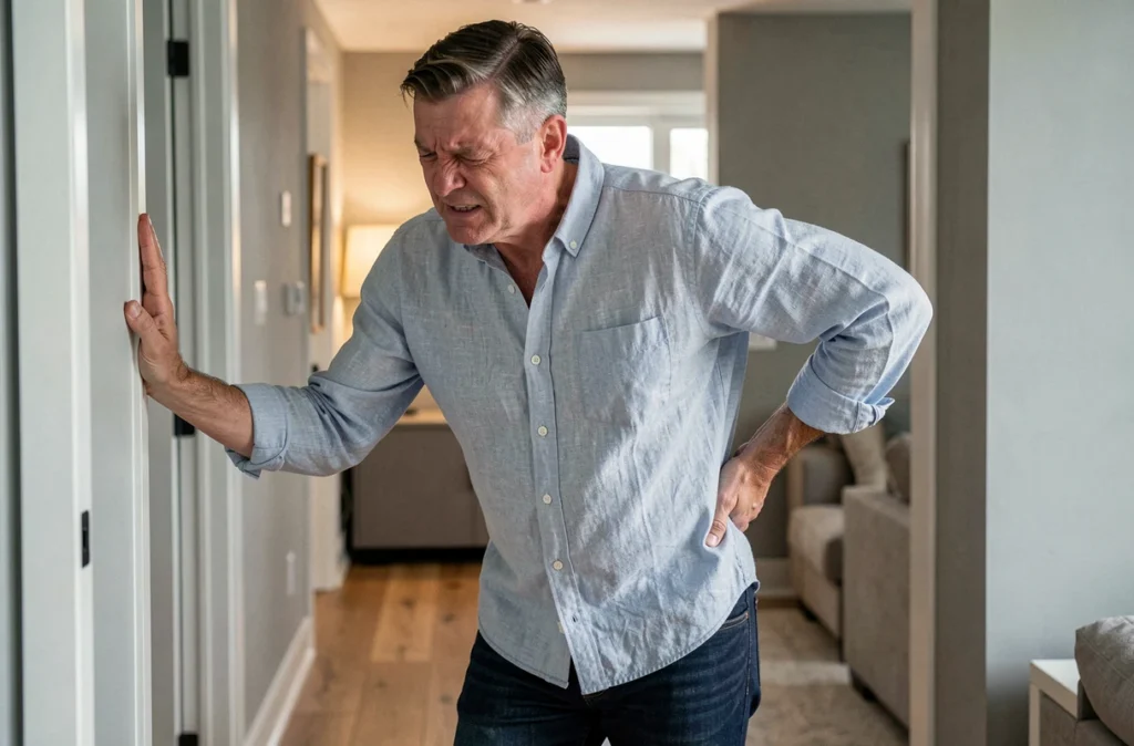 Homme d'âge moyen tenant son bas du dos avec une grimace de douleur debout dans un couloir de maison, évoquant une douleur sacro-iliaque
