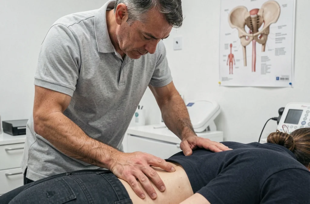 Kinésithérapeute effectuant une palpation de la région sacro-iliaque sur un patient allongé en cabinet médical