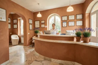 Salle d'attente moderne d'un cabinet dentaire en Provence-Alpes-Côte d'Azur avec décor méditerranéen chaleureux