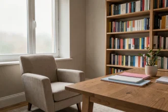 Cabinet de psychologie accueillant dans le Nord avec fauteuil, bureau en bois et bibliothèque remplie de livres spécialisés