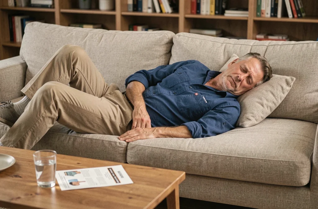 Homme allongé sur un canapé en position de repos avec un coussin sous le bas du dos droit pour soulager la douleur