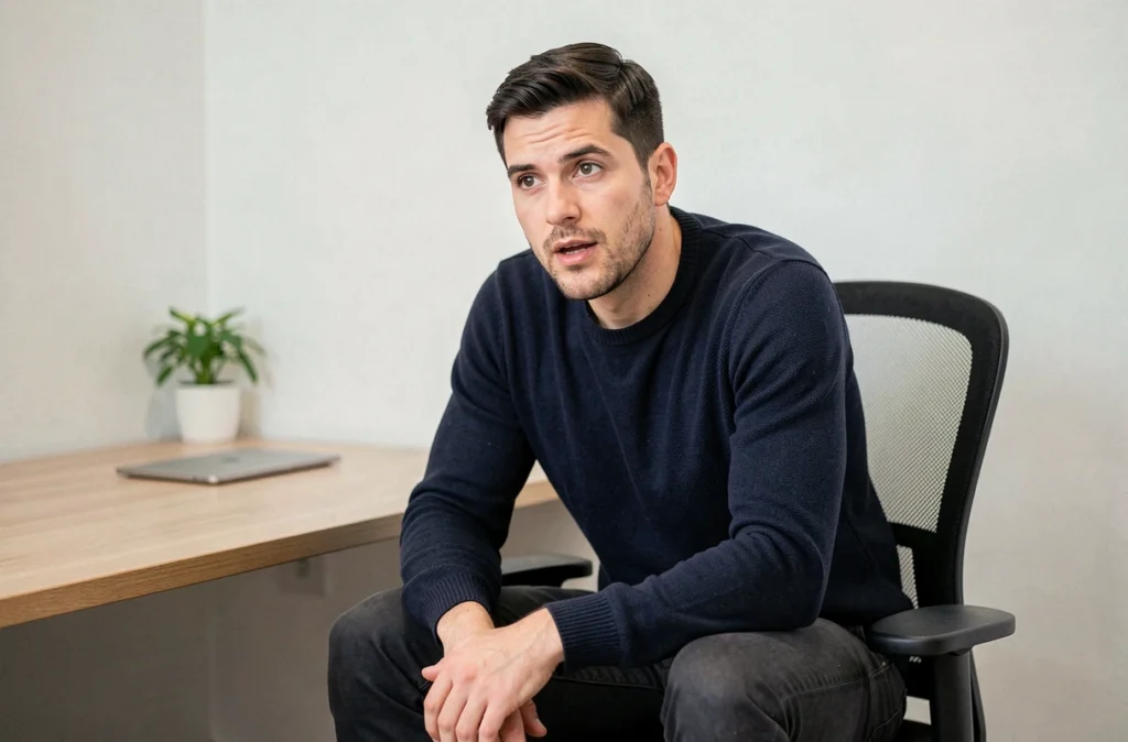 Yohann Benhaddouche, psychologue à Lille, assis dans son cabinet moderne avec une posture ouverte et professionnelle
