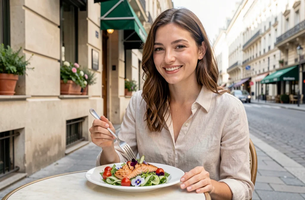 Femme souriante dégustant une salade saine en terrasse d'un restaurant parisien en Île-de-France